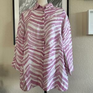 iLinen Classic Button Down 100% Linen Shirt Pink Zebra Large Pockets